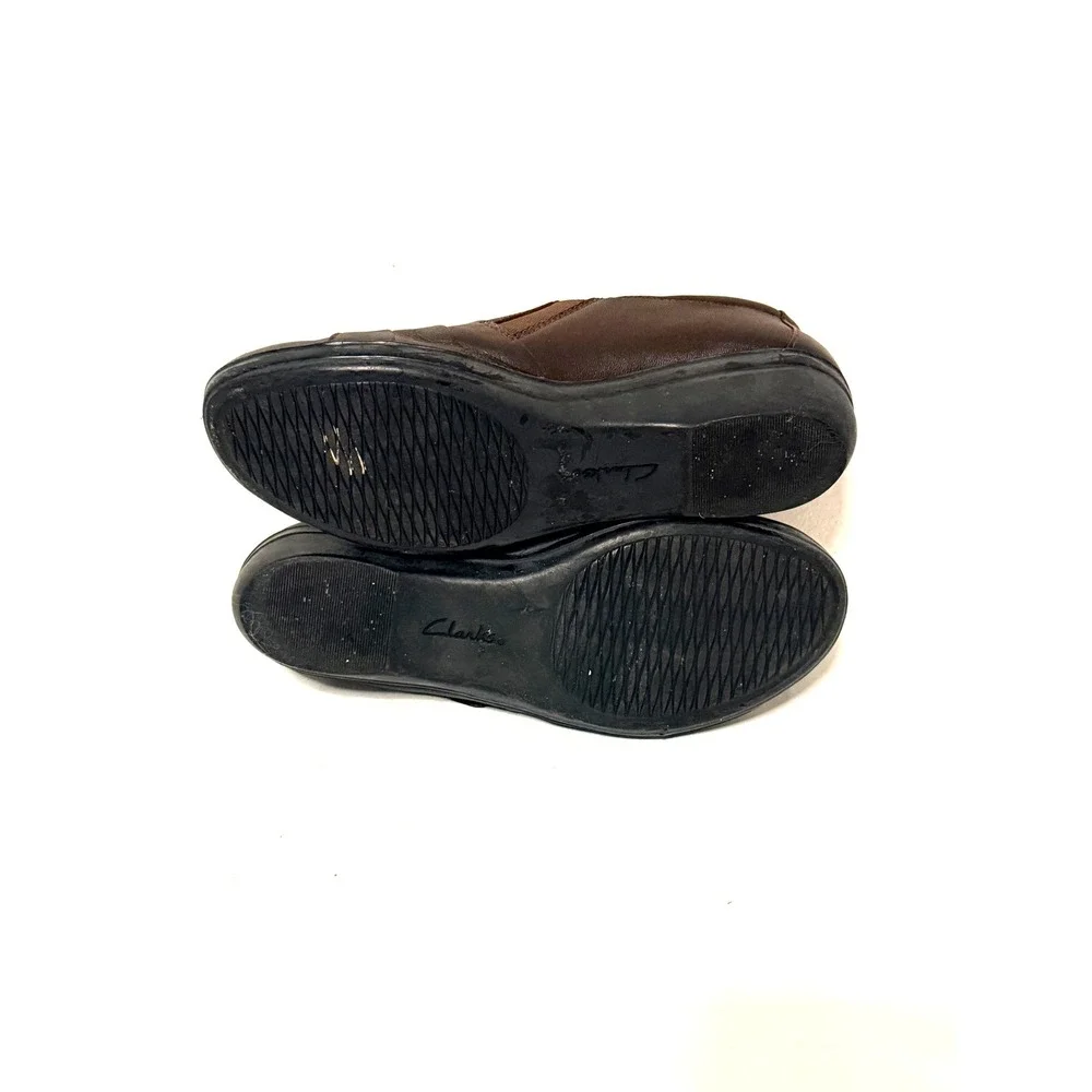 Clarks Collection Everlay Luna Shoes Sz 6 Brown Leather Hook Loop Strap Slip On